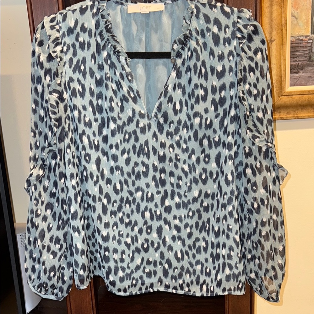 LOFT Blue Ruffled Long Sleeve Blouse